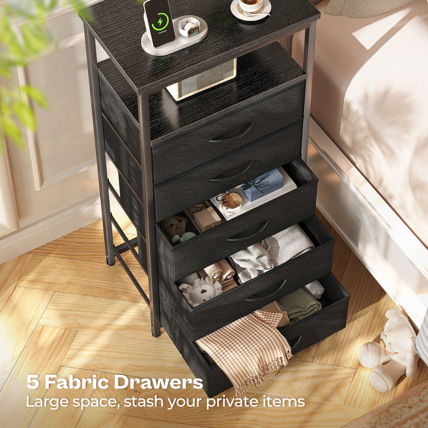 Huuger 5 Drawers Dresser with Charging Station, Dresser for Bedroom, Tall Night Stand, Chest of Drawers with Open Shelf, Bedside Table Nightstand, Fabric Storage Drawers, for Entryway, Black