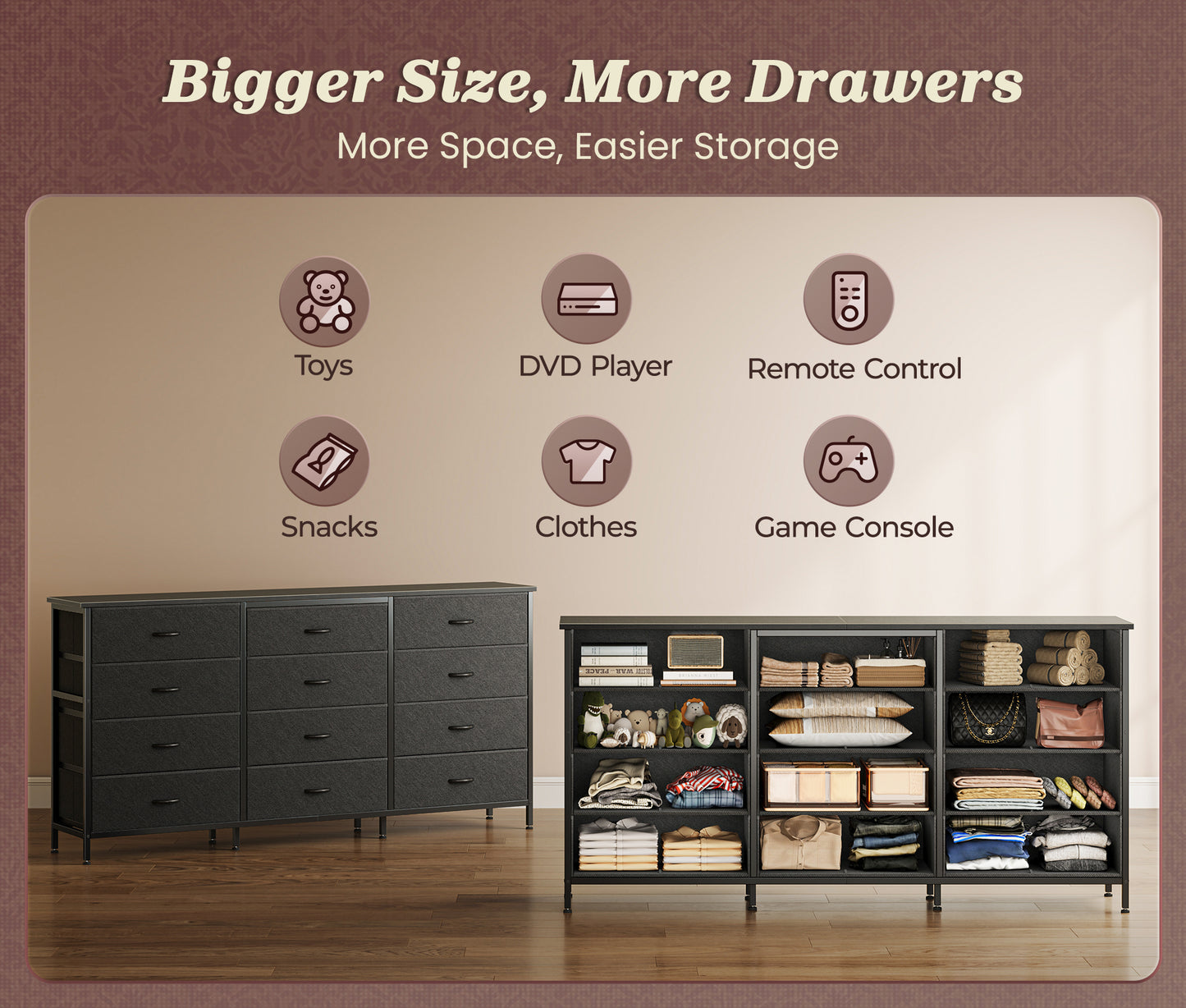 Huuger 63 Inch Long Dresser for Bedroom, TV Stand for 65, 70 Inch TV, 12 Drawer Dresser for Closet, Chest of Drawers, Large Fabric Drawers for Bedroom, Media Console with Storage, Black