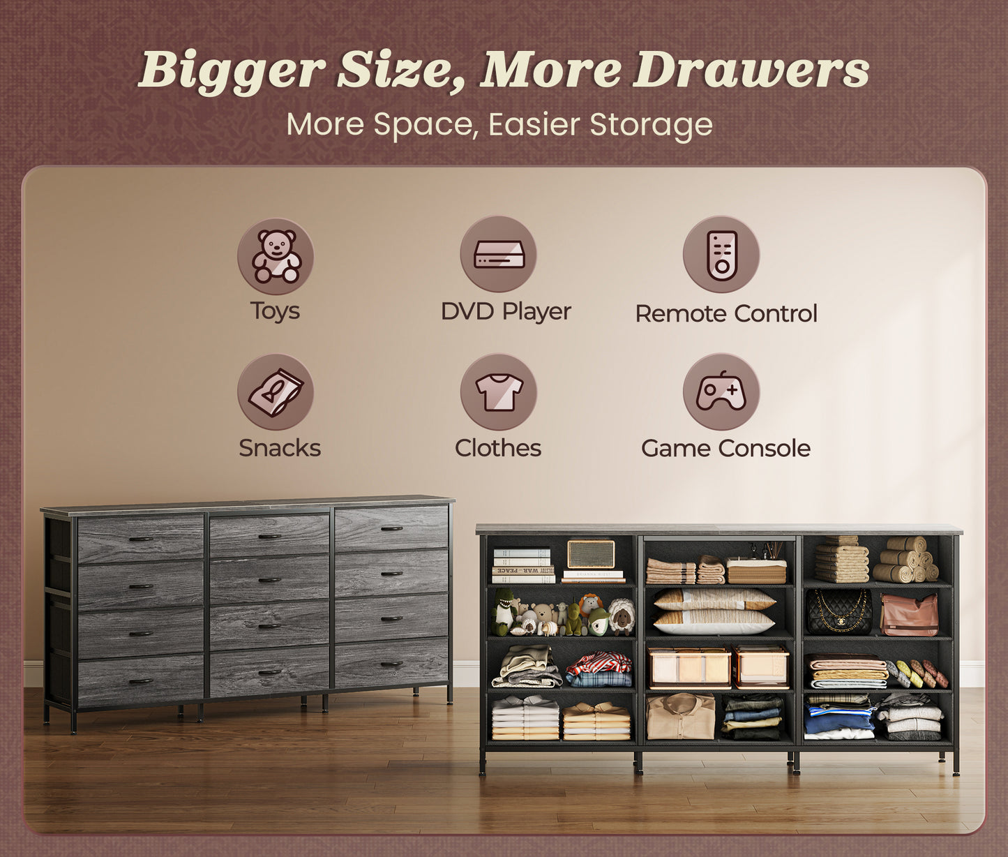 Huuger 63 Inch Long Dresser for Bedroom, TV Stand for 65, 70 Inch TV, 12 Drawer Dresser for Closet, Large Fabric Drawers for Bedroom, Media Console with Storage, Grey