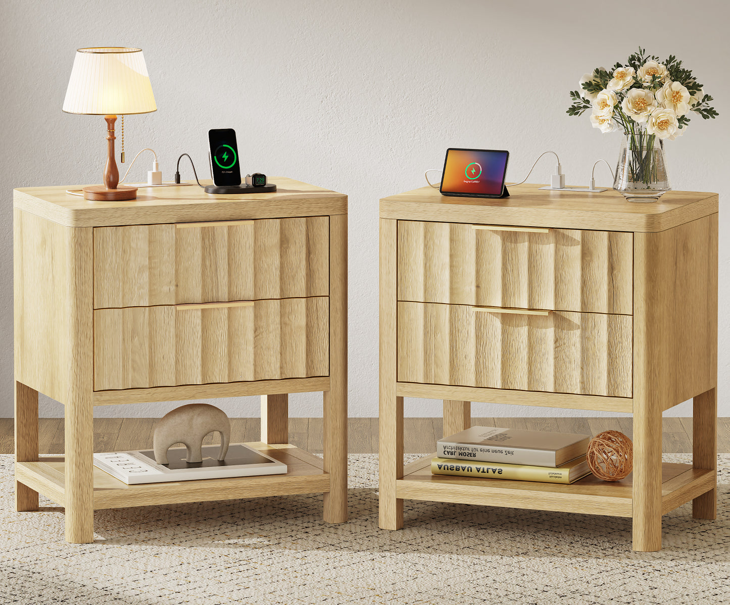 Huuger 27.6 Inch Tall Night Stands with Charger Station, USB-C Port, Fluted Nightstand Set of 2, Larger Wider Bed Side Table with 2 Deep Drawers, Open Shelf, Bedroom Living Room End Table, Natural