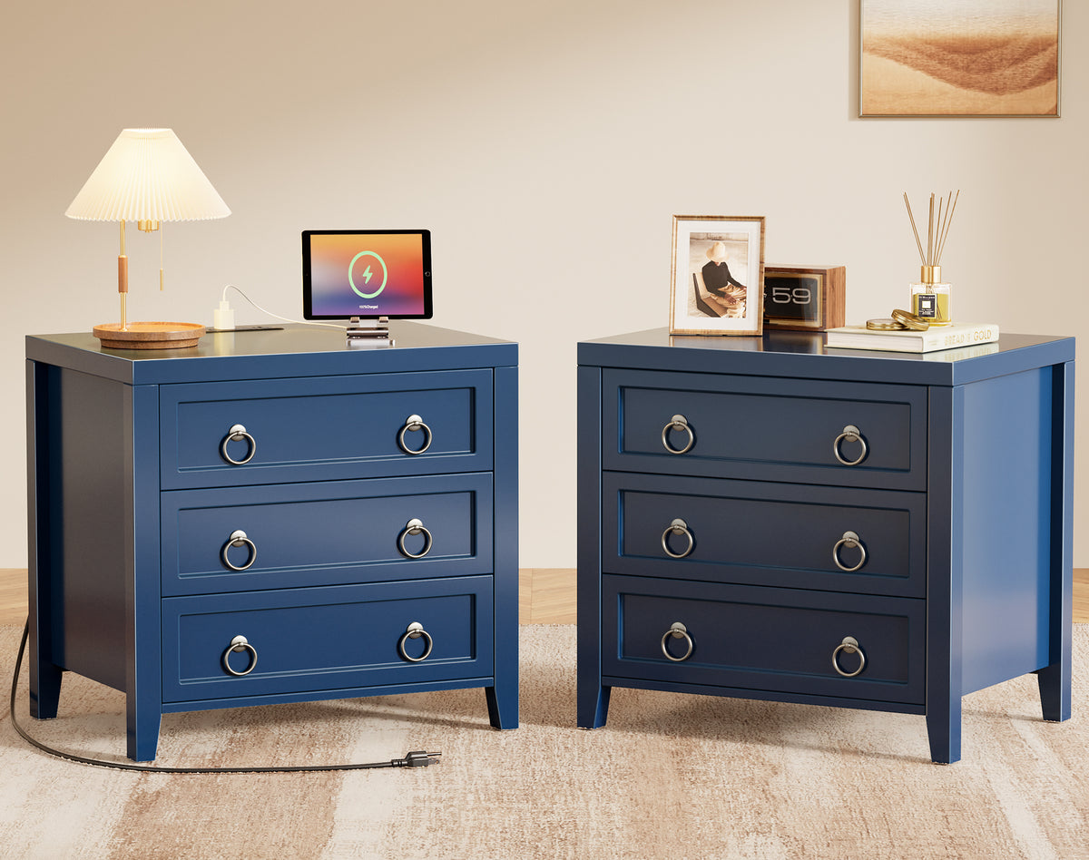 Huuger Paint Night Stand with Charger Station, 3 Drawer Nightstand Set of 2 Larger Wider Bedside Table with USB-C Port, Modern End Table, for Bedroom, Living Room, Blue Nightstand