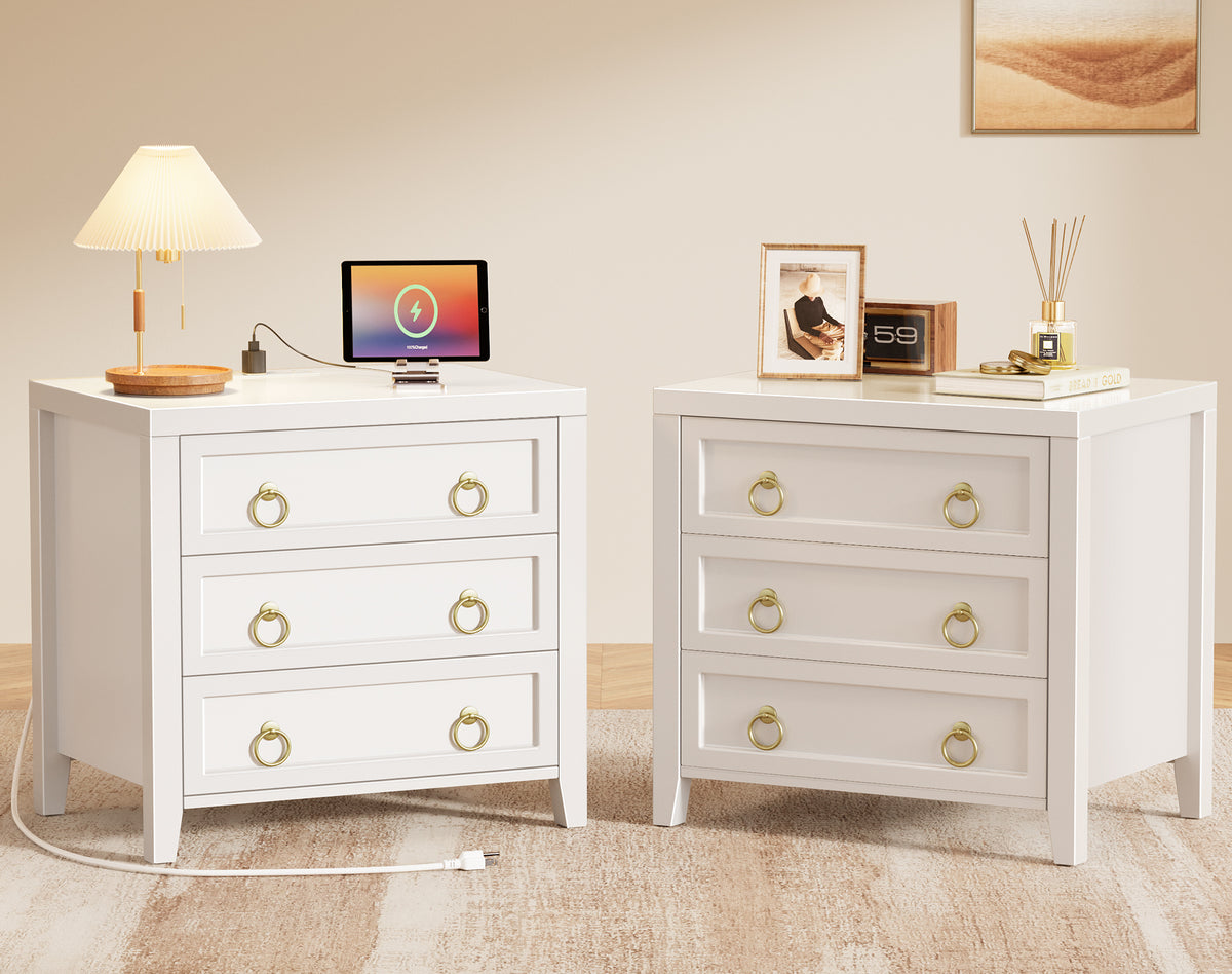 Huuger Paint Night Stand with Charger Station, 3 Drawer Nightstand Set of 2 Larger Wider Bedside Table with USB-C Port, Modern End Table, for Bedroom, Living Room, White Nightstand