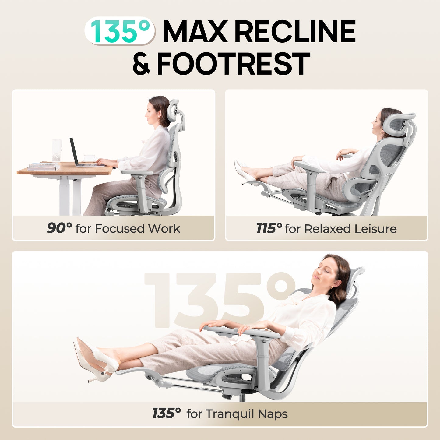 Huuger Mesh Office Chair with Footrest, Ergonomic Desk Chair with Lumbar Support, Comfortable Gaming Chair with Multi-tilt Angle Backrest, Headrest and 3D Armrest, Large Steel Base, Grey