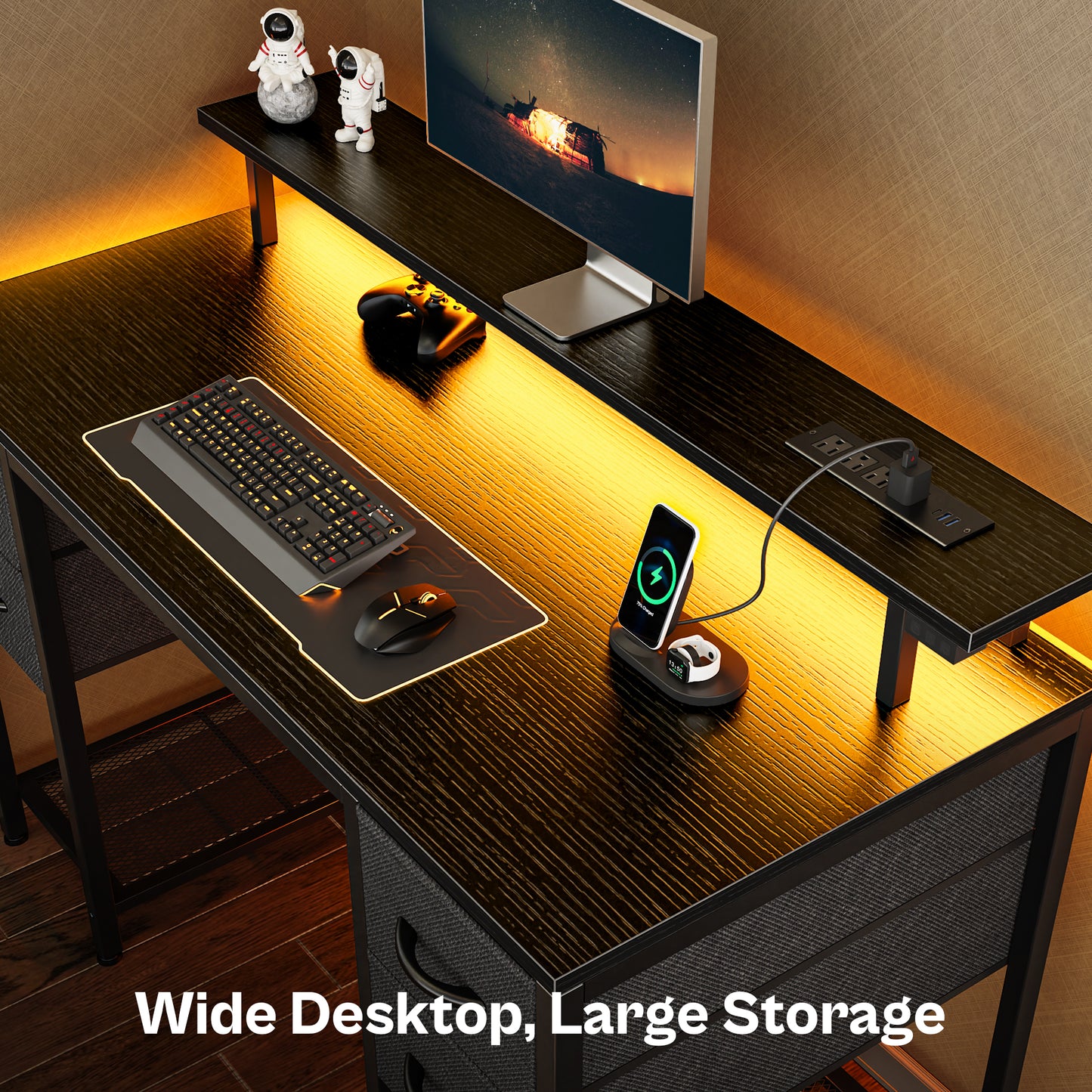 Huuger 47 inch Computer Desk with 4 Drawers, Gaming Desk with LED Lights & Power Outlets, Home Office Desk with Large Storage Space for Bedroom, Work from Home, Black