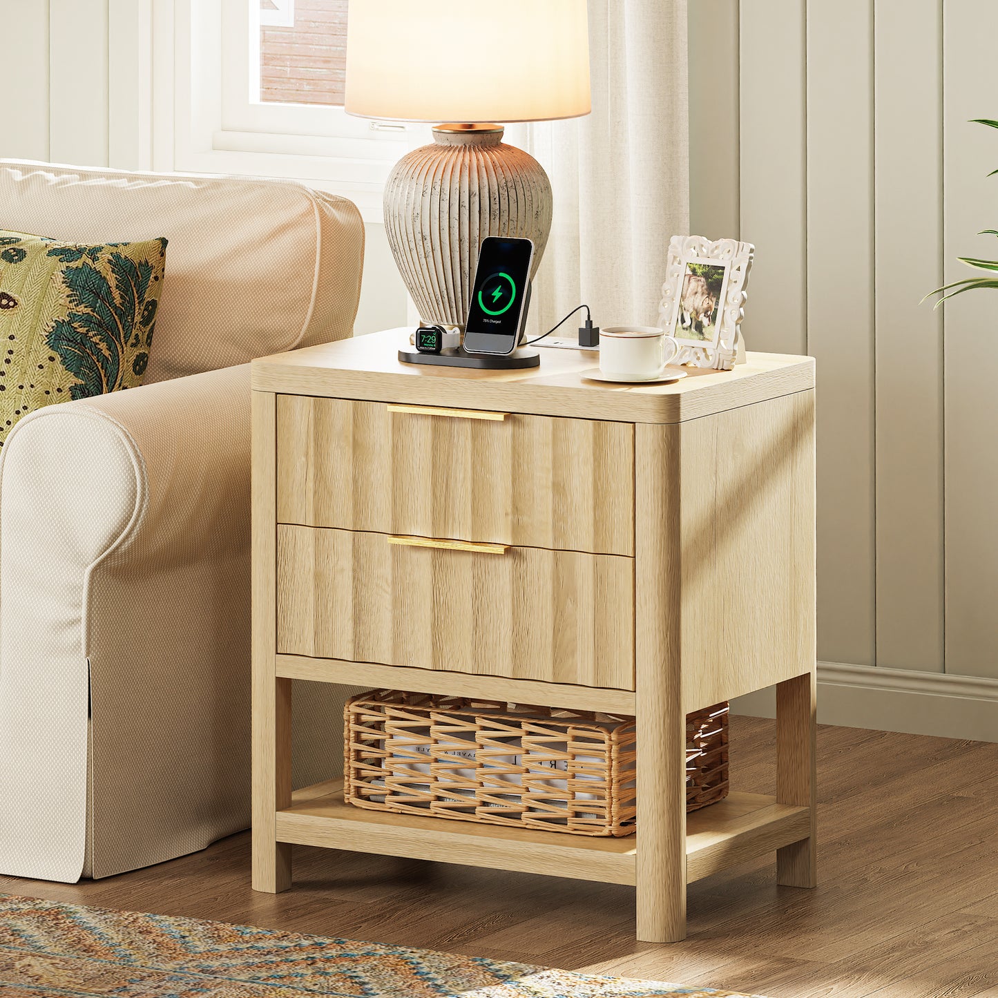 Huuger 27.6 Inch Tall Night Stands with Charger Station, USB-C Port, Fluted Nightstand Set of 2, Larger Wider Bed Side Table with 2 Deep Drawers, Open Shelf, Bedroom Living Room End Table, Natural