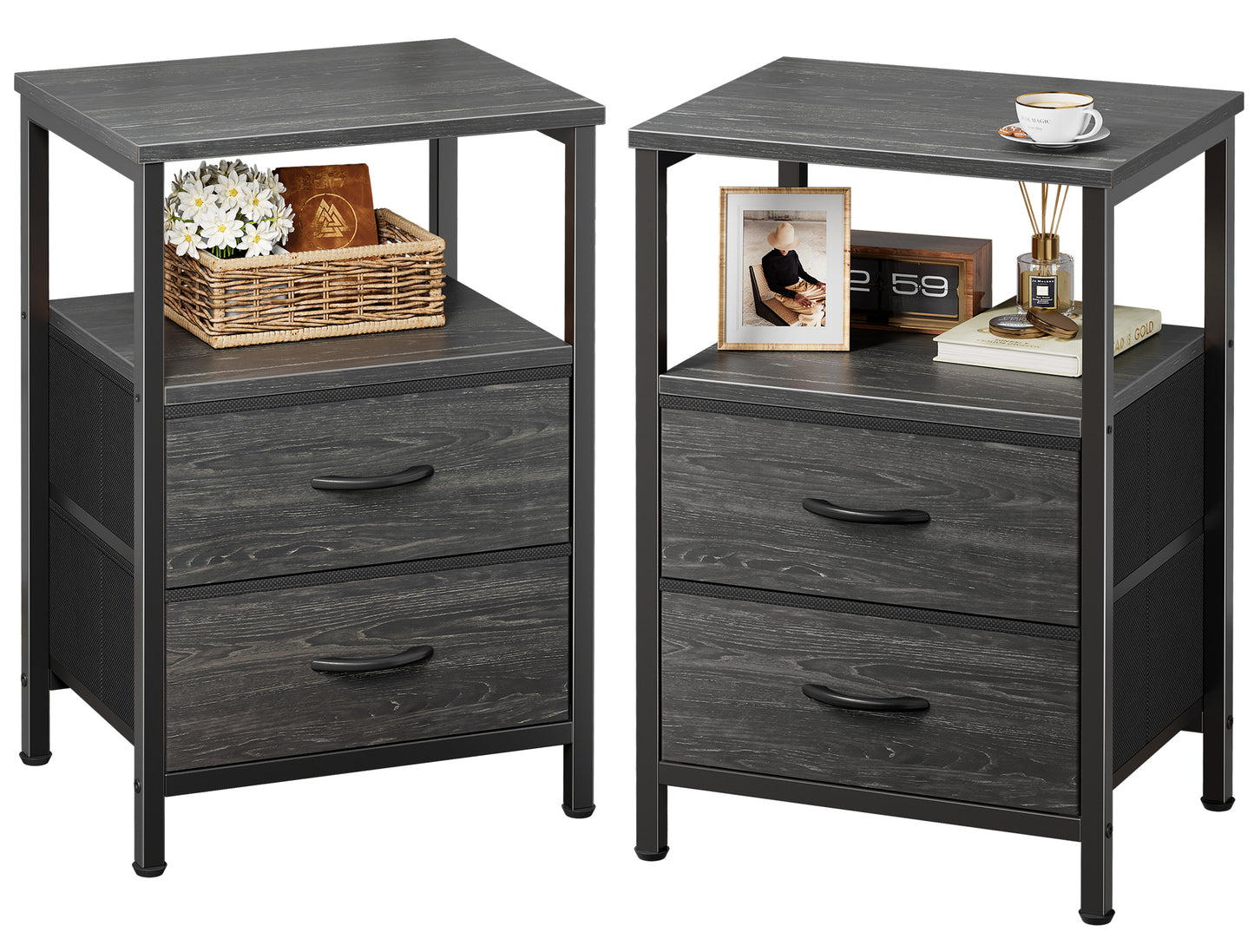 Huuger Night Stand Set of 2, Nightstand with 2 Drawers, Bed Side Table with Open Shelf, Wooden Top, End Table, Fabric Drawer with Oak Wooden Print Surface, for Bedroom