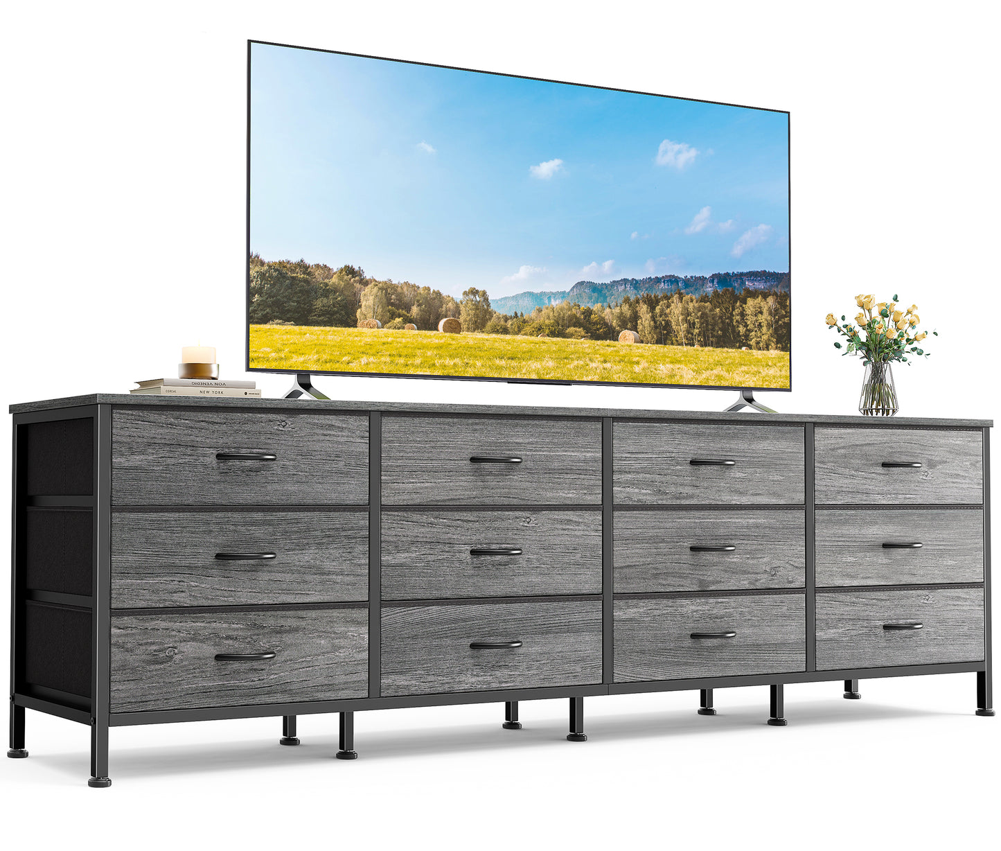 Huuger 70 Inch Dresser for Bedroom, TV Stand for 65, 75, 80 Inch TV, 12 Fabric Drawer Long Dresser, Large Entertainment Center for Bedroom, Wide Chest of Drawer with Storage