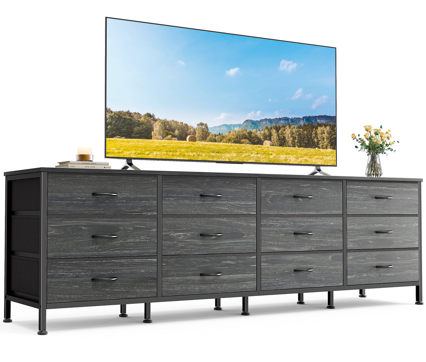 Huuger 70 Inch Dresser for Bedroom, TV Stand for 65, 75, 80 Inch TV, 12 Fabric Drawer Long Dresser, Large Entertainment Center for Bedroom, Wide Chest of Drawer with Storage