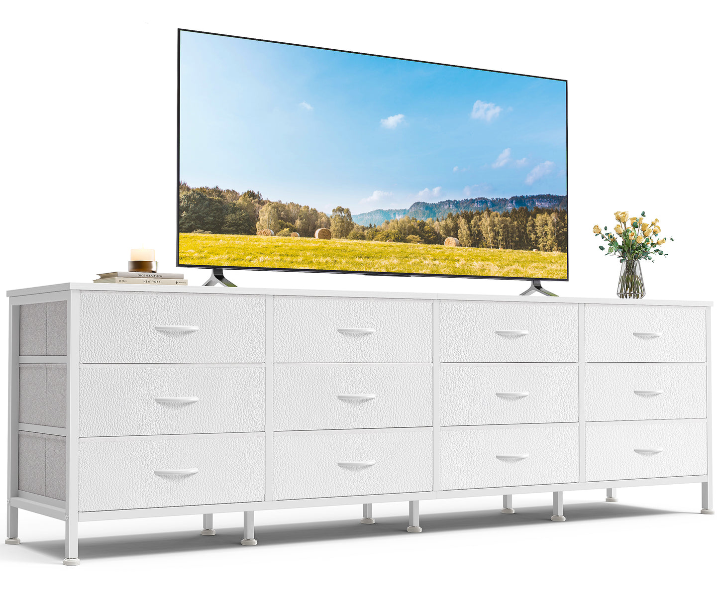 Huuger 70 Inch Dresser for Bedroom, TV Stand for 65, 75, 80 Inch TV, 12 Fabric Drawer Long Dresser, Large Entertainment Center for Bedroom, Wide Chest of Drawer with Storage