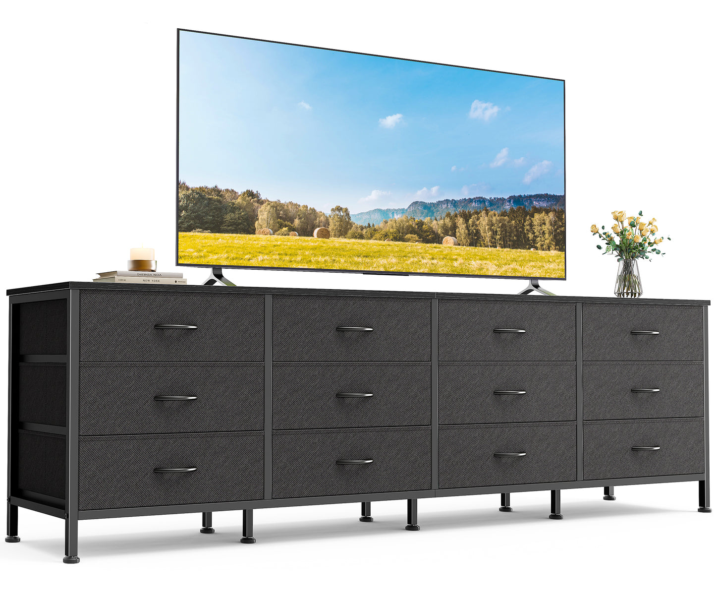 Huuger 70 Inch Dresser for Bedroom, TV Stand for 65, 75, 80 Inch TV, 12 Fabric Drawer Long Dresser, Large Entertainment Center for Bedroom, Wide Chest of Drawer with Storage