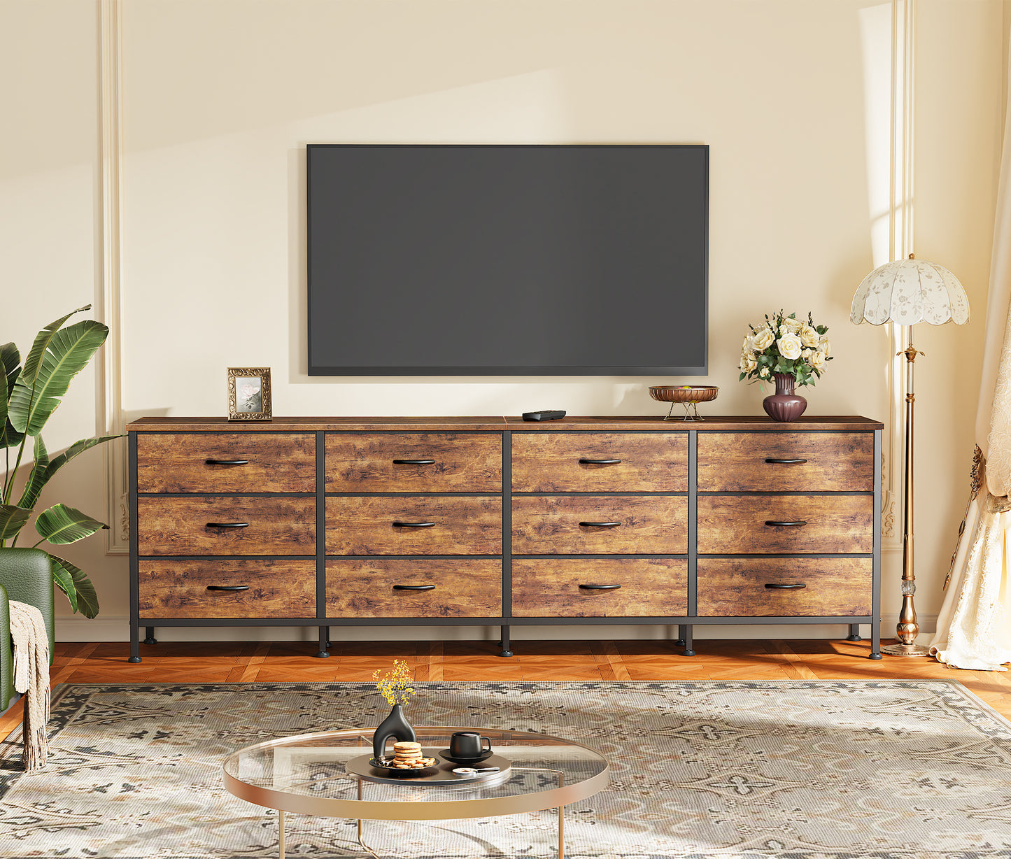 Huuger 70 Inch Dresser for Bedroom, TV Stand for 65, 75, 80 Inch TV, 12 Fabric Drawer Long Dresser, Large Entertainment Center for Bedroom, Wide Chest of Drawer with Storage