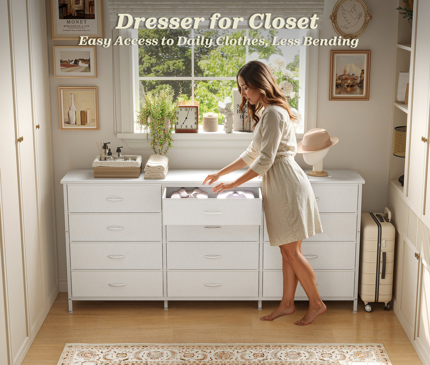 Huuger 63 Inch Long Dresser for Bedroom, TV Stand for 65, 70 Inch TV, 12 Drawer Dresser for Closet, Chest of Drawers, Large Fabric Drawers for Living Room, Media Console with Storage, White