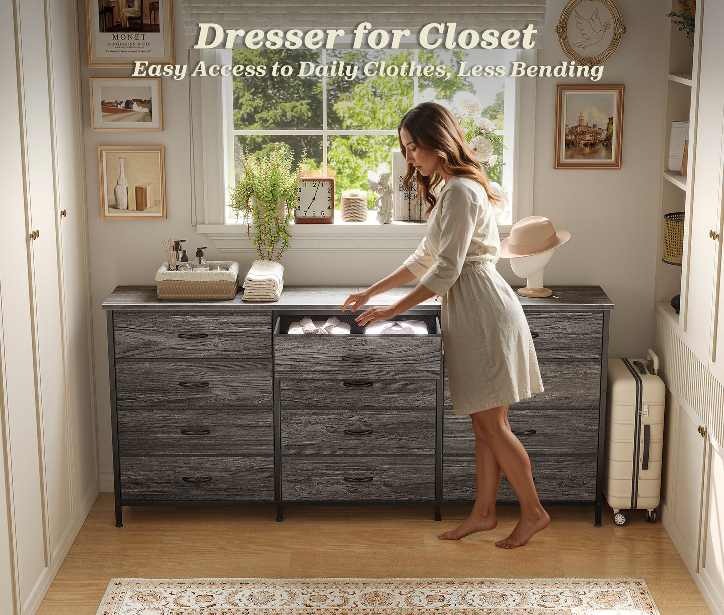 Huuger 63 Inch Long Dresser for Bedroom, TV Stand for 65, 70 Inch TV, 12 Drawer Dresser for Closet, Large Fabric Drawers for Bedroom, Media Console with Storage, Grey