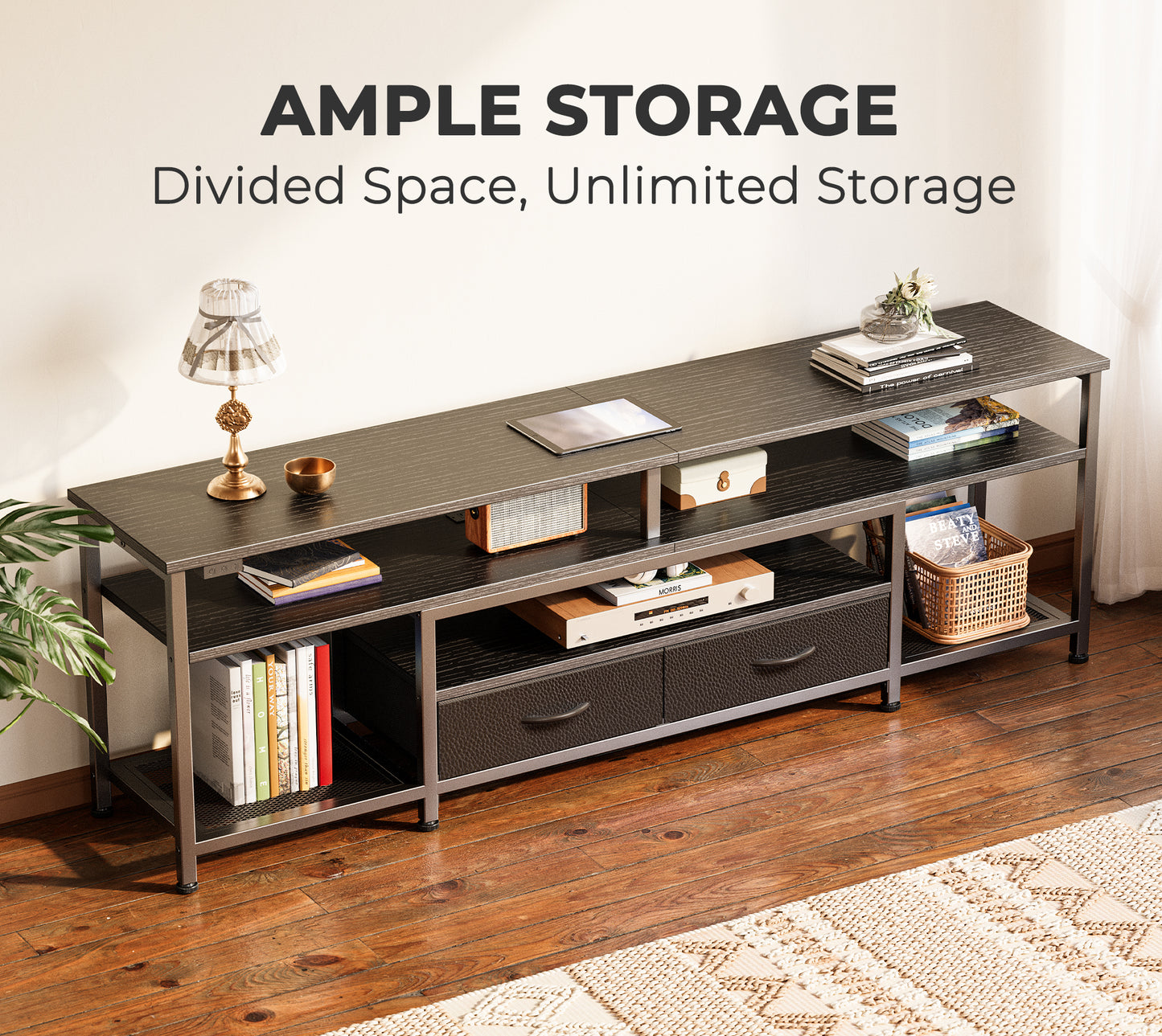 Huuger 63 Inch LED TV Stand for 65 70 Inch TV, Entertainment Center with Open Shelves and Power Outlets, TV Console for Living Room, Media Console with Drawers, Black