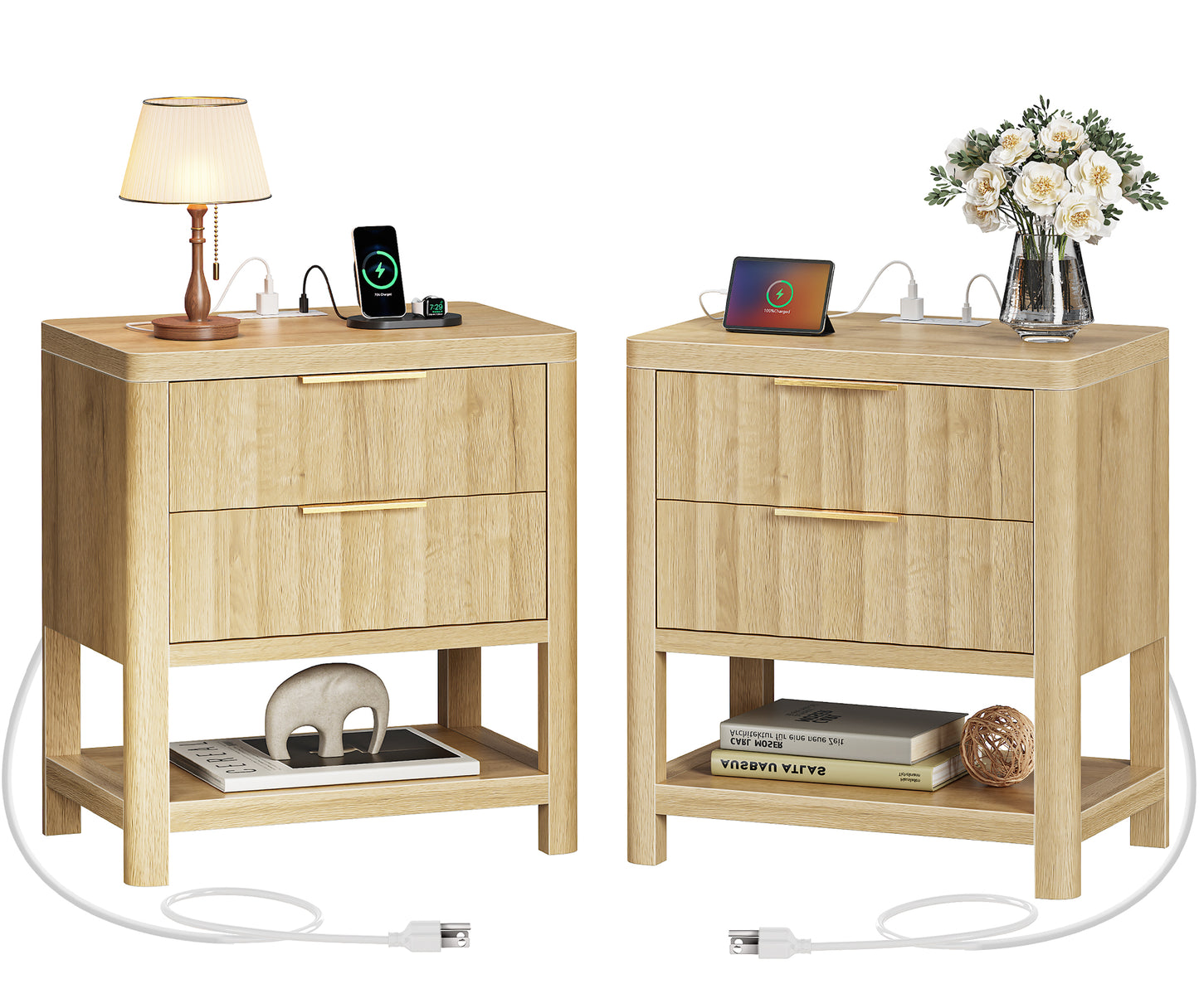 Huuger 27.6 Inch Tall Night Stands with Charger Station, USB-C Port, Fluted Nightstand Set of 2, Larger Wider Bed Side Table with 2 Deep Drawers, Open Shelf, Bedroom Living Room End Table, Natural