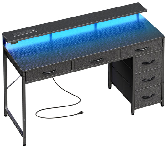 Huuger Gaming Desk with 6 Drawers, Computer Desk with LED Lights Power Outlets and Type-C, 47 Inch Office Desk with Storage, Monitor Stand, Writing Desk Work Desk Home Office, Bedroom, Black