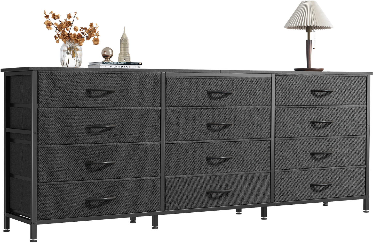 Huuger 63 Inch Long Dresser for Bedroom, TV Stand for 65, 70 Inch TV, 12 Drawer Dresser for Closet, Chest of Drawers, Large Fabric Drawers for Bedroom, Media Console with Storage, Black