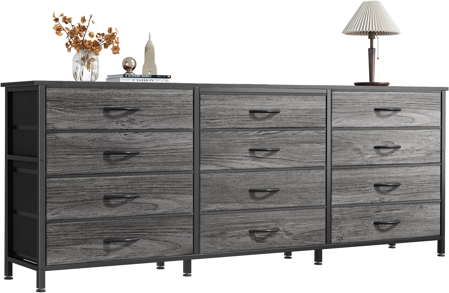 Huuger 63 Inch Long Dresser for Bedroom, TV Stand for 65, 70 Inch TV, 12 Drawer Dresser for Closet, Large Fabric Drawers for Bedroom, Media Console with Storage, Grey