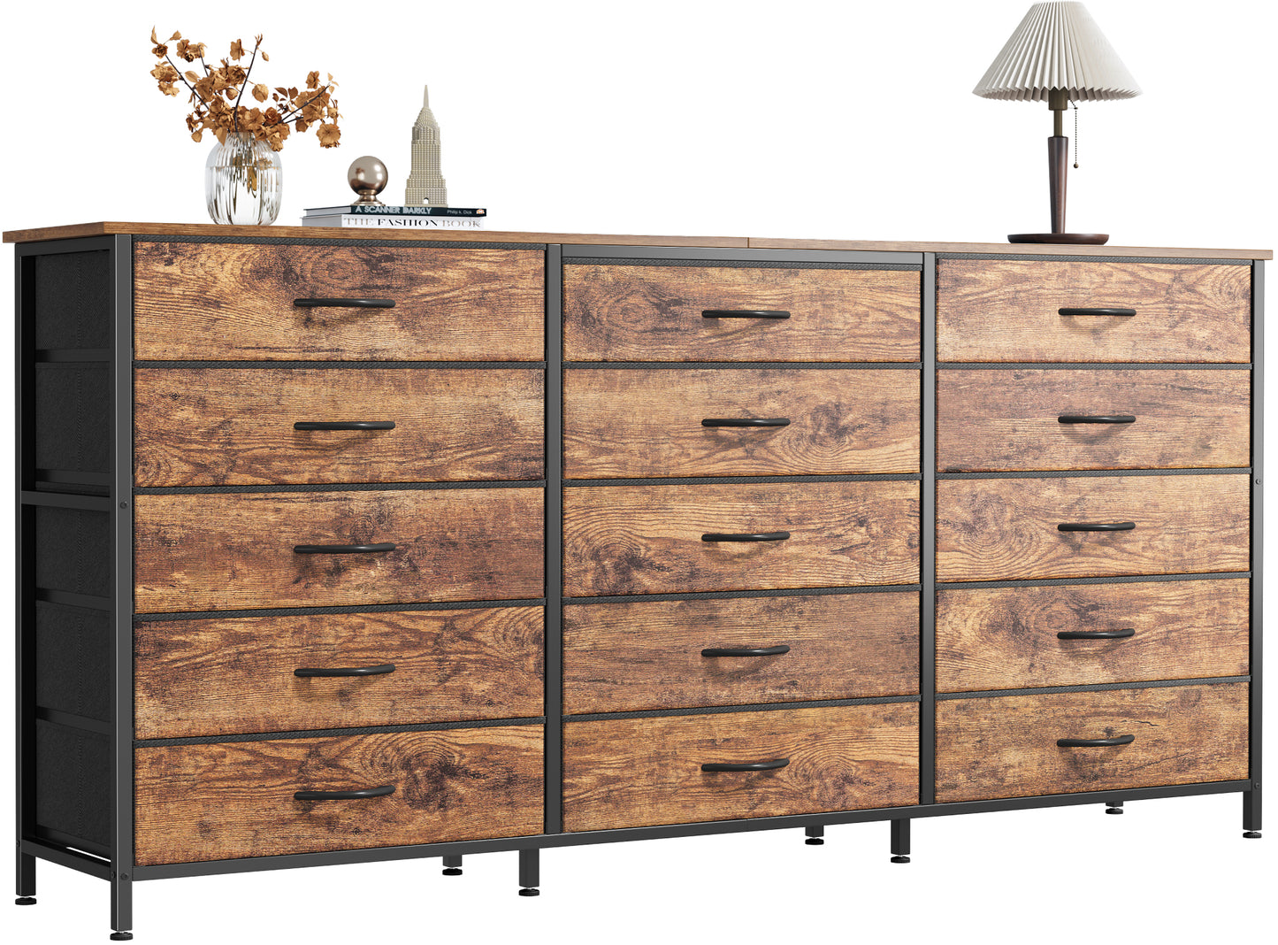 Huuger 63 Inch Long Dresser for Bedroom, TV Stand for 65, 70 Inch TV, 15 Drawer Dresser for Closet, Chest of Drawers, Large Fabric Drawers for Living Room, Rustic Brown