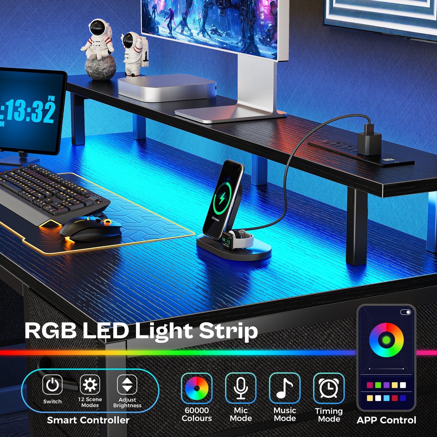 Huuger 47 inch Computer Desk with 4 Drawers, Gaming Desk with LED Lights & Power Outlets, Home Office Desk with Large Storage Space for Bedroom, Work from Home, Black