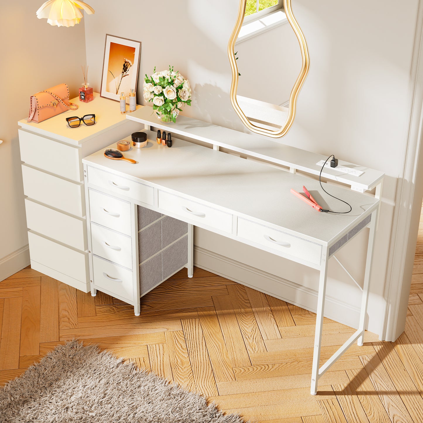 Huuger Gaming Desk with 6 Drawers, Computer Desk with LED Lights Power Outlets and Type-C, 47 Inch Office Table with Storage, Monitor Stand, Writing & Work Home Office, Bedroom, Study, White
