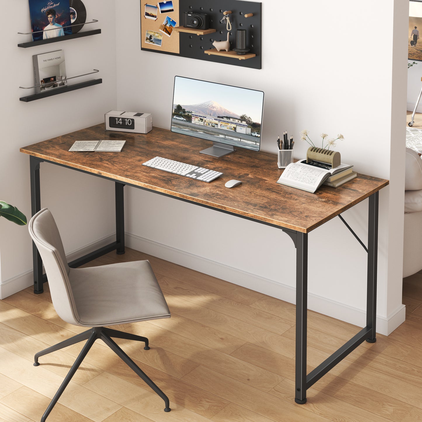 Huuger Computer Desk, 55 Inch Office Desk, Gaming Desk with Storage, Writing Desk Work Desk for Home Office, Study, Modern Simple Desk, Large Legroom, Metal Frame, Rustic Brown