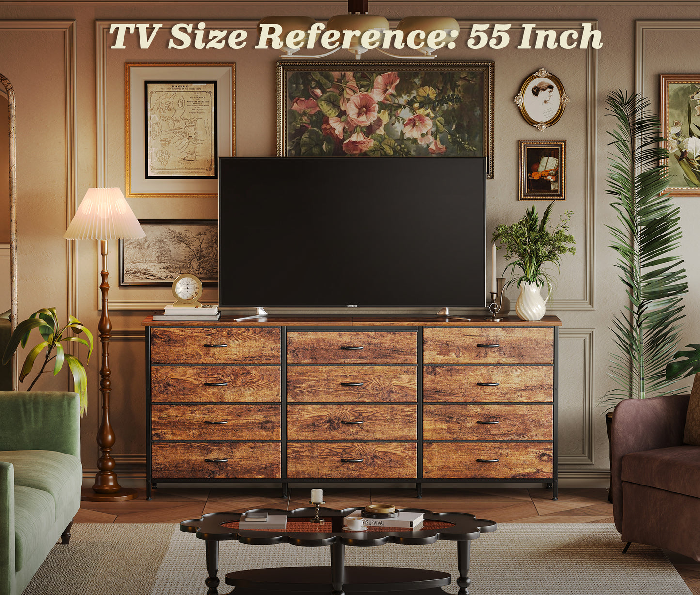 Huuger 63 Inch Long Dresser for Bedroom, TV Stand for 65, 70 Inch TV, 12 Drawer Dresser for Closet, Chest of Drawers, Large Fabric Drawers for Bedroom, Media Console, Rustic Brown