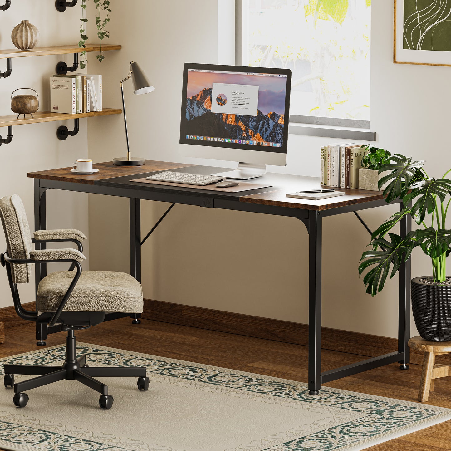 Huuger Computer Desk, 63 Inch Office Desk, Gaming Desk with Storage, Writing Desk Work Desk for Home Office, Study, Modern Simple Desk, Large Legroom, Metal Frame, Rustic Brown and Black