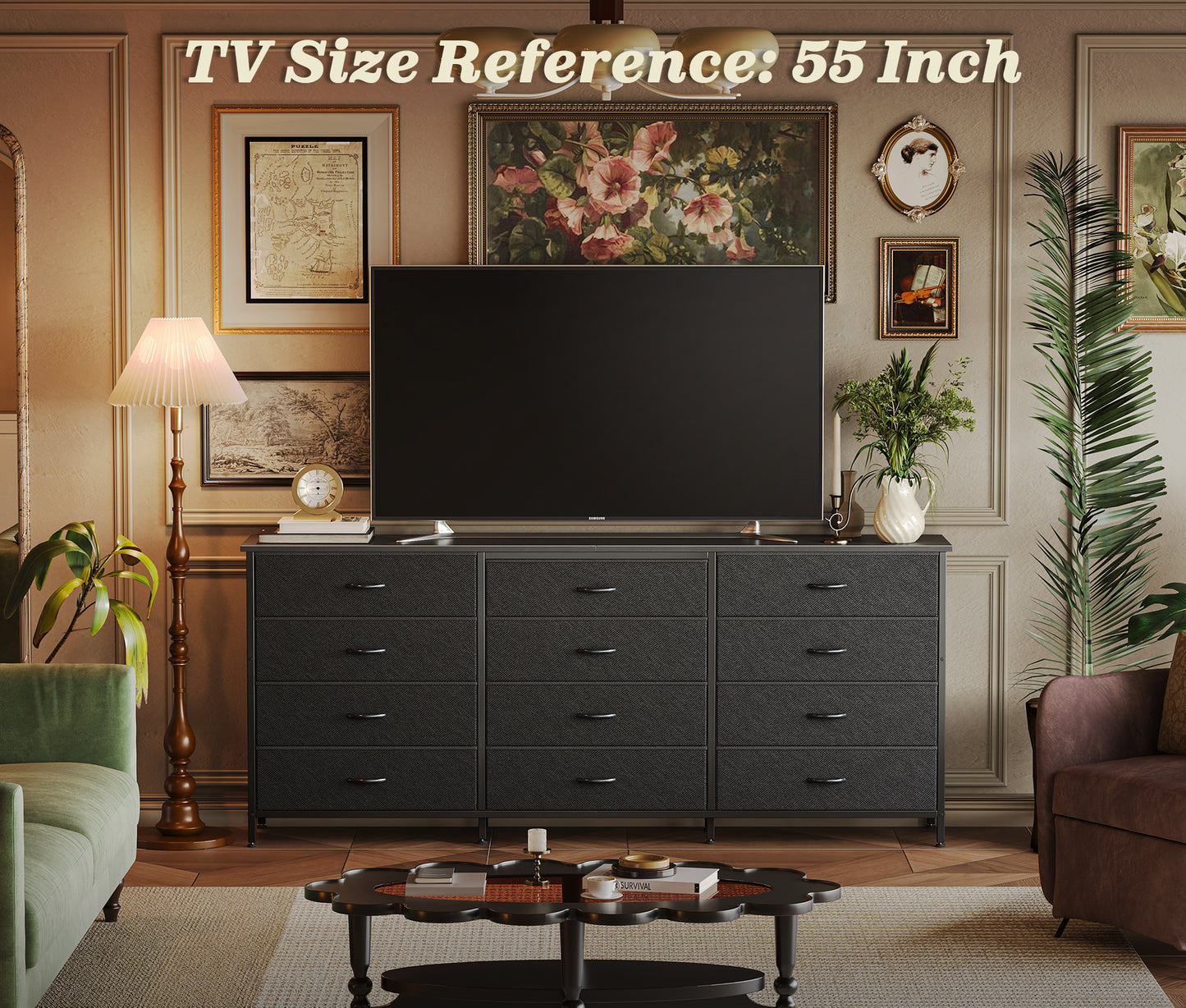 Huuger 63 Inch Long Dresser for Bedroom, TV Stand for 65, 70 Inch TV, 12 Drawer Dresser for Closet, Chest of Drawers, Large Fabric Drawers for Bedroom, Media Console with Storage, Black