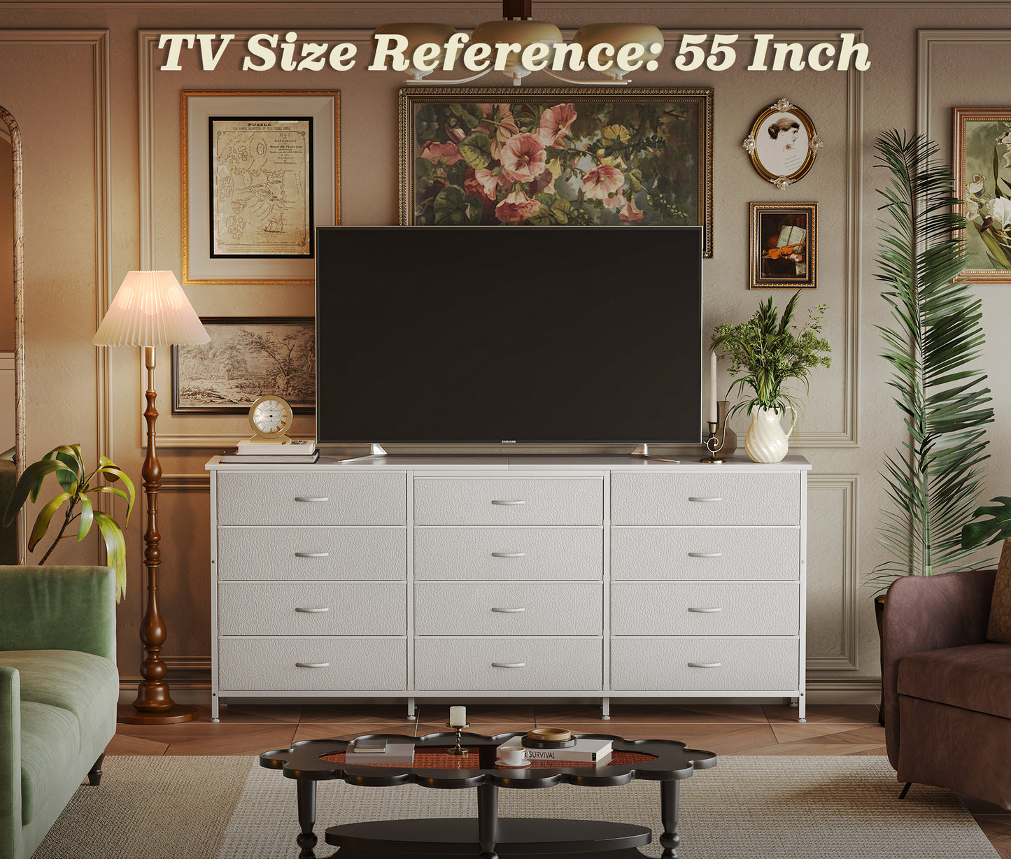 Huuger 63 Inch Long Dresser for Bedroom, TV Stand for 65, 70 Inch TV, 12 Drawer Dresser for Closet, Chest of Drawers, Large Fabric Drawers for Living Room, Media Console with Storage, White