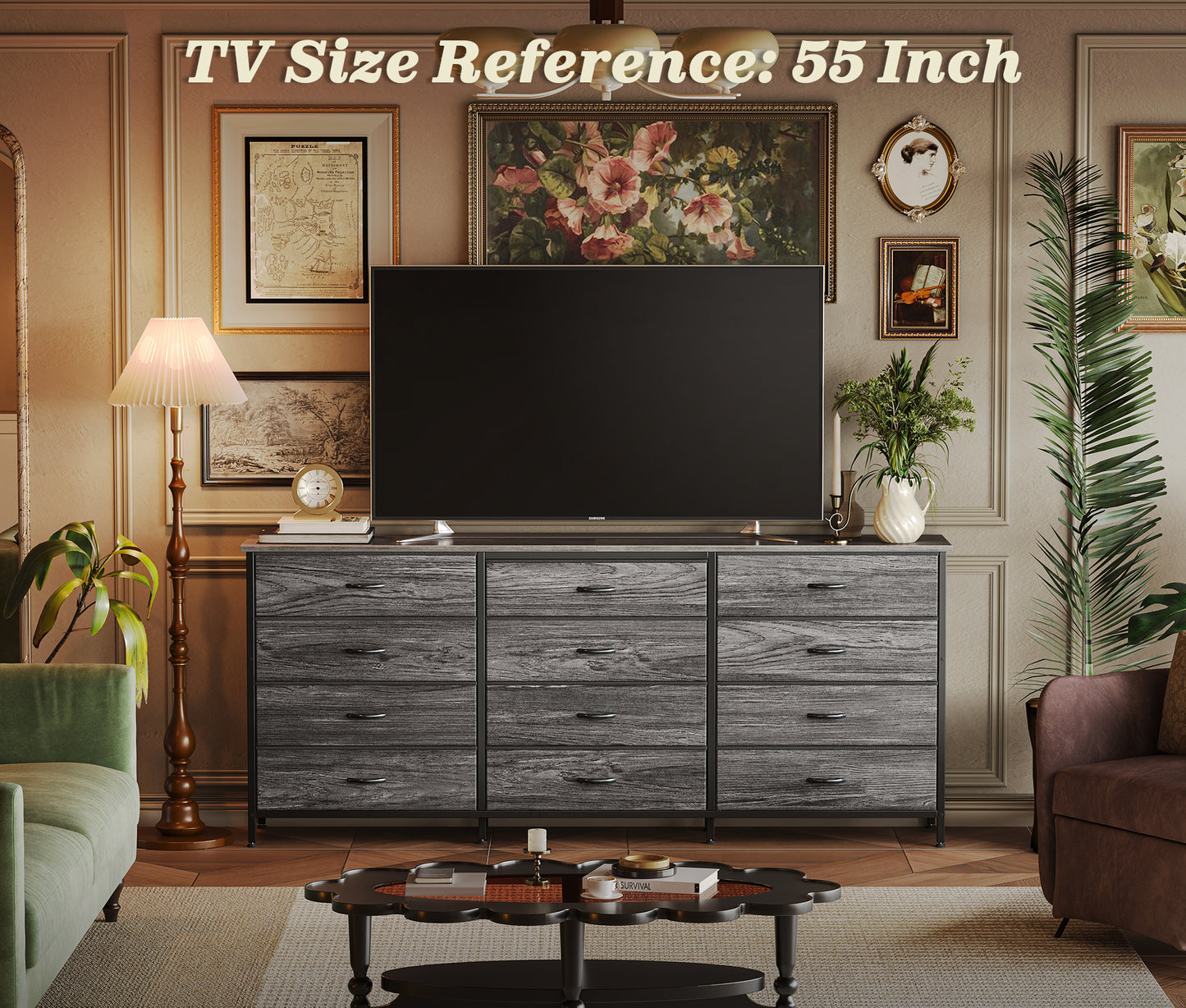 Huuger 63 Inch Long Dresser for Bedroom, TV Stand for 65, 70 Inch TV, 12 Drawer Dresser for Closet, Large Fabric Drawers for Bedroom, Media Console with Storage, Grey