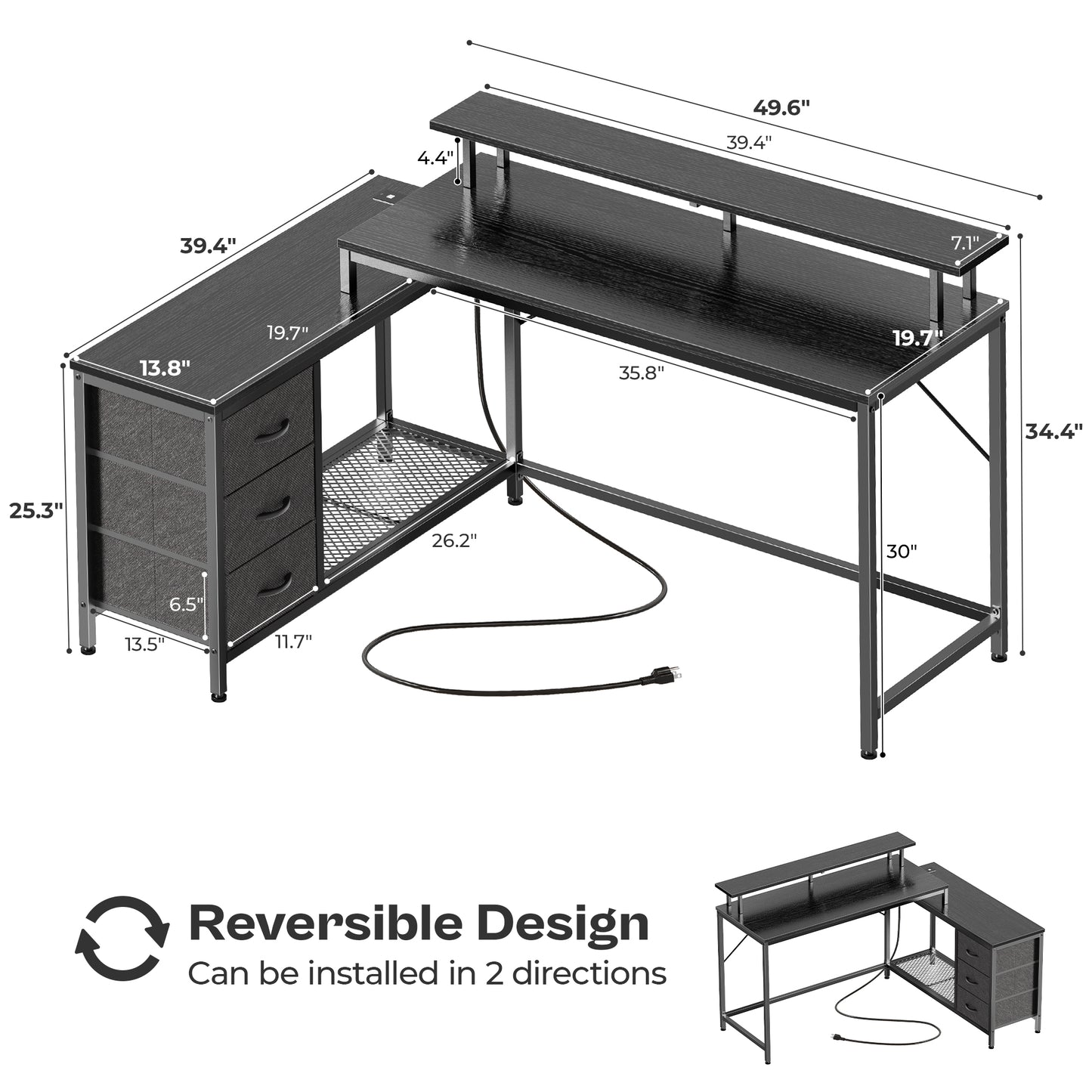 Huuger L Shaped Computer Desk with LED Lights and Power Outlets, Gaming Desk with Drawers & Storage Shelf, Reversible Corner Desk with Monitor Stand, Black