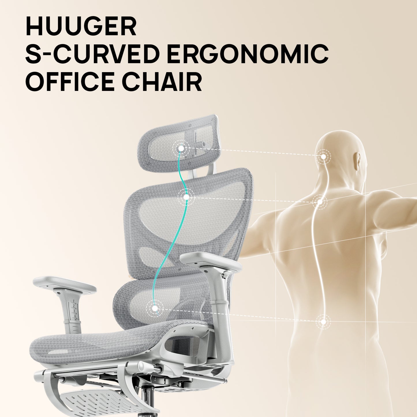 Huuger Mesh Office Chair with Footrest, Ergonomic Desk Chair with Lumbar Support, Comfortable Gaming Chair with Multi-tilt Angle Backrest, Headrest and 3D Armrest, Large Steel Base, Grey