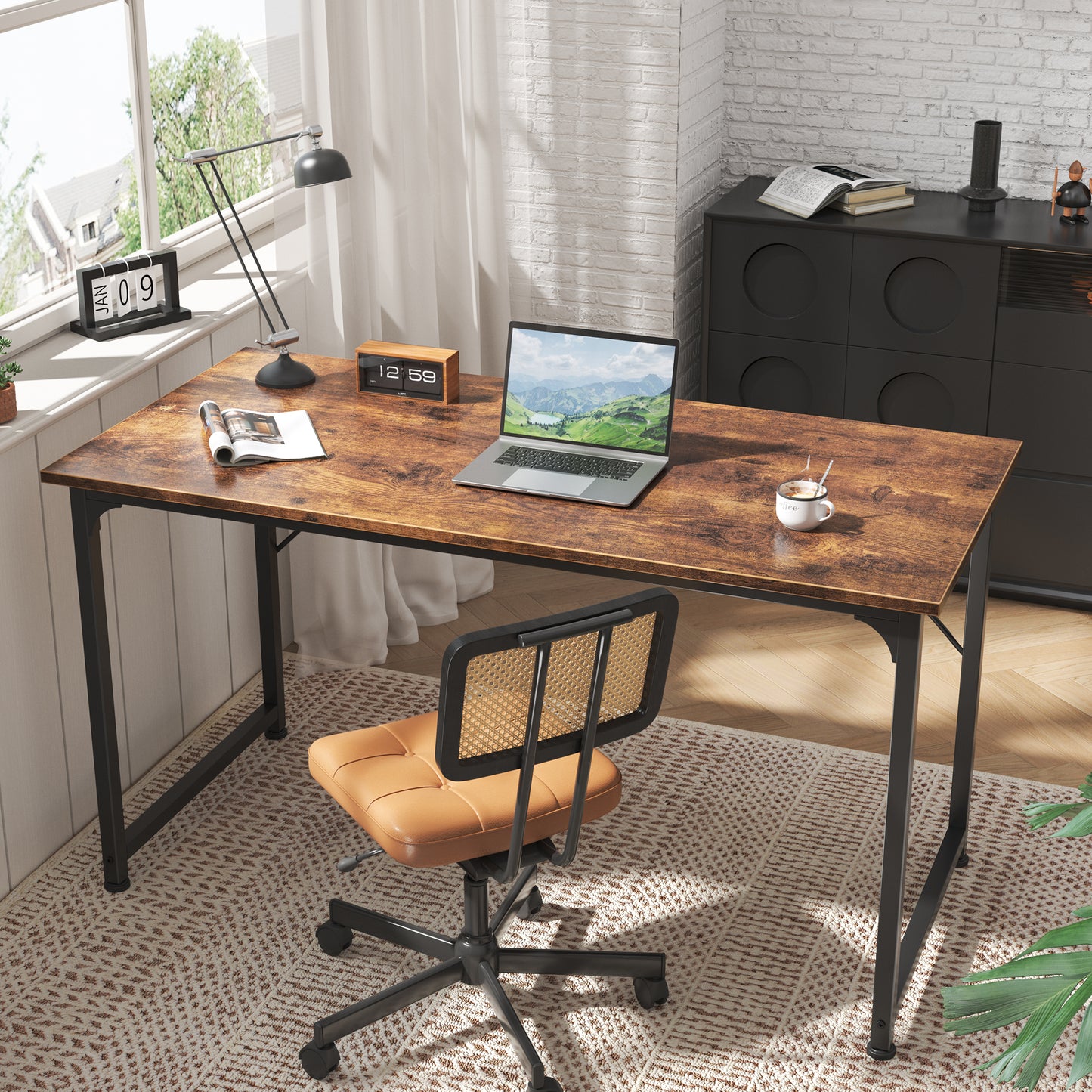 Huuger Computer Desk, 55 Inch Office Desk, Gaming Desk with Storage, Writing Desk Work Desk for Home Office, Study, Modern Simple Desk, Large Legroom, Metal Frame, Rustic Brown