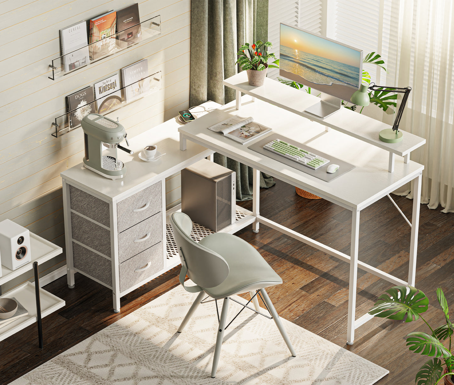 Huuger L Shaped Computer Desk with LED Lights and Power Outlets, Gaming Desk with Drawers & Storage Shelf, Reversible Corner Desk with Monitor Stand, White