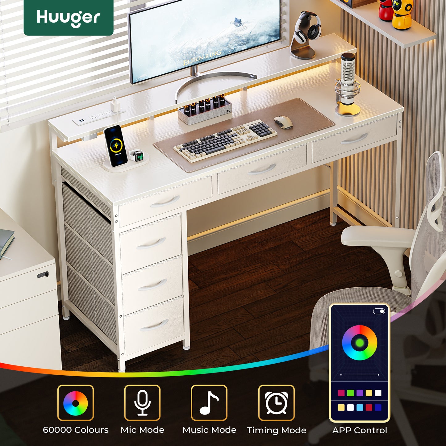 Huuger Gaming Desk with 6 Drawers, Computer Desk with LED Lights Power Outlets and Type-C, 47 Inch Office Table with Storage, Monitor Stand, Writing & Work Home Office, Bedroom, Study, White