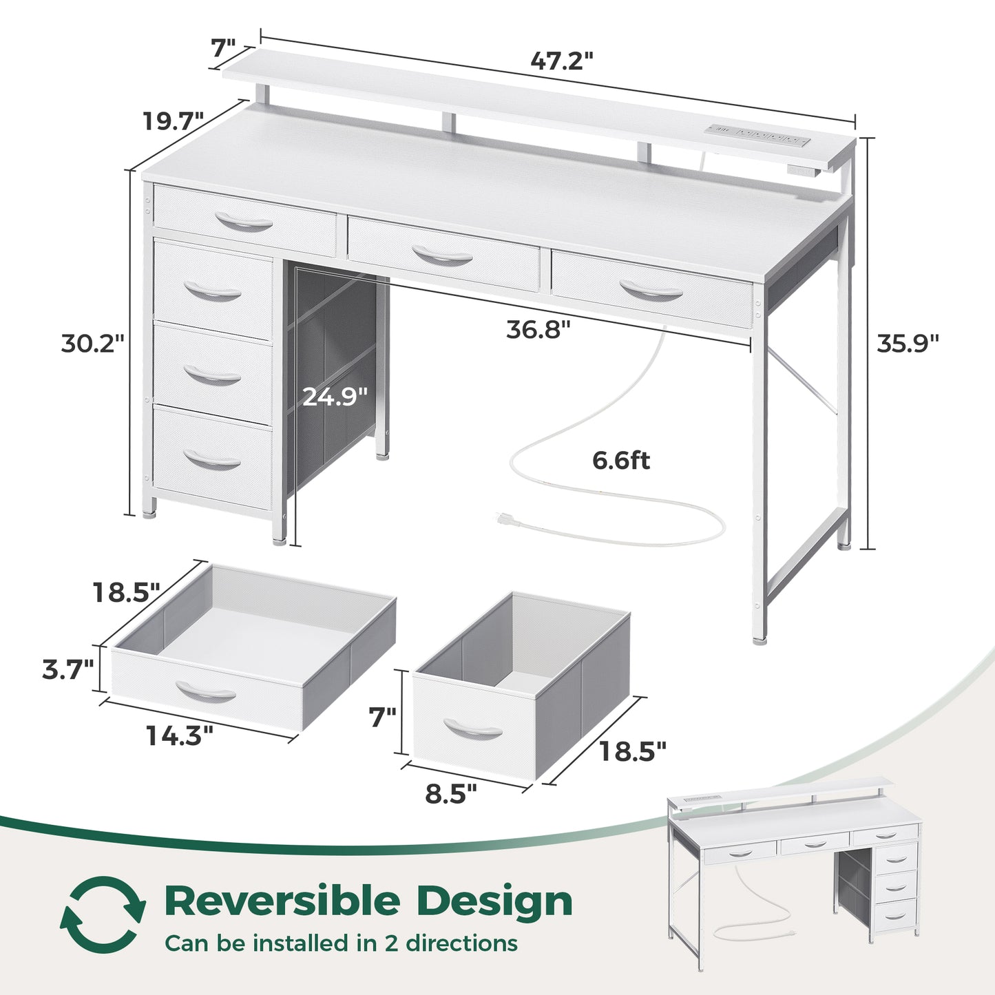 Huuger Gaming Desk with 6 Drawers, Computer Desk with LED Lights Power Outlets and Type-C, 47 Inch Office Table with Storage, Monitor Stand, Writing & Work Home Office, Bedroom, Study, White