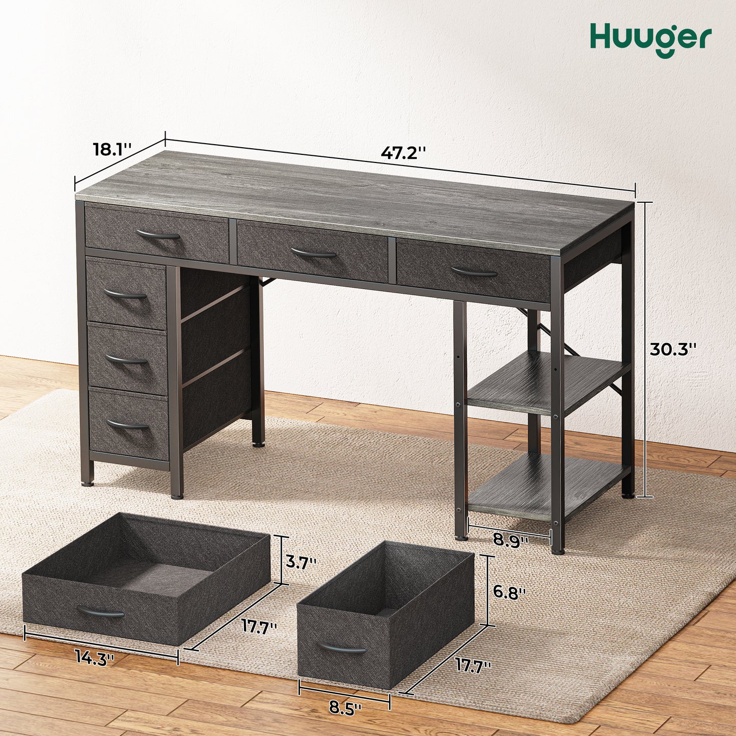 Huuger Computer Desk with 6 Drawers, 47 Inch Office Desk with Shelves, Reversible Gaming Desk, Corner Desk with Storage, Work Desk for Home Office, Study, Living Room, Gray