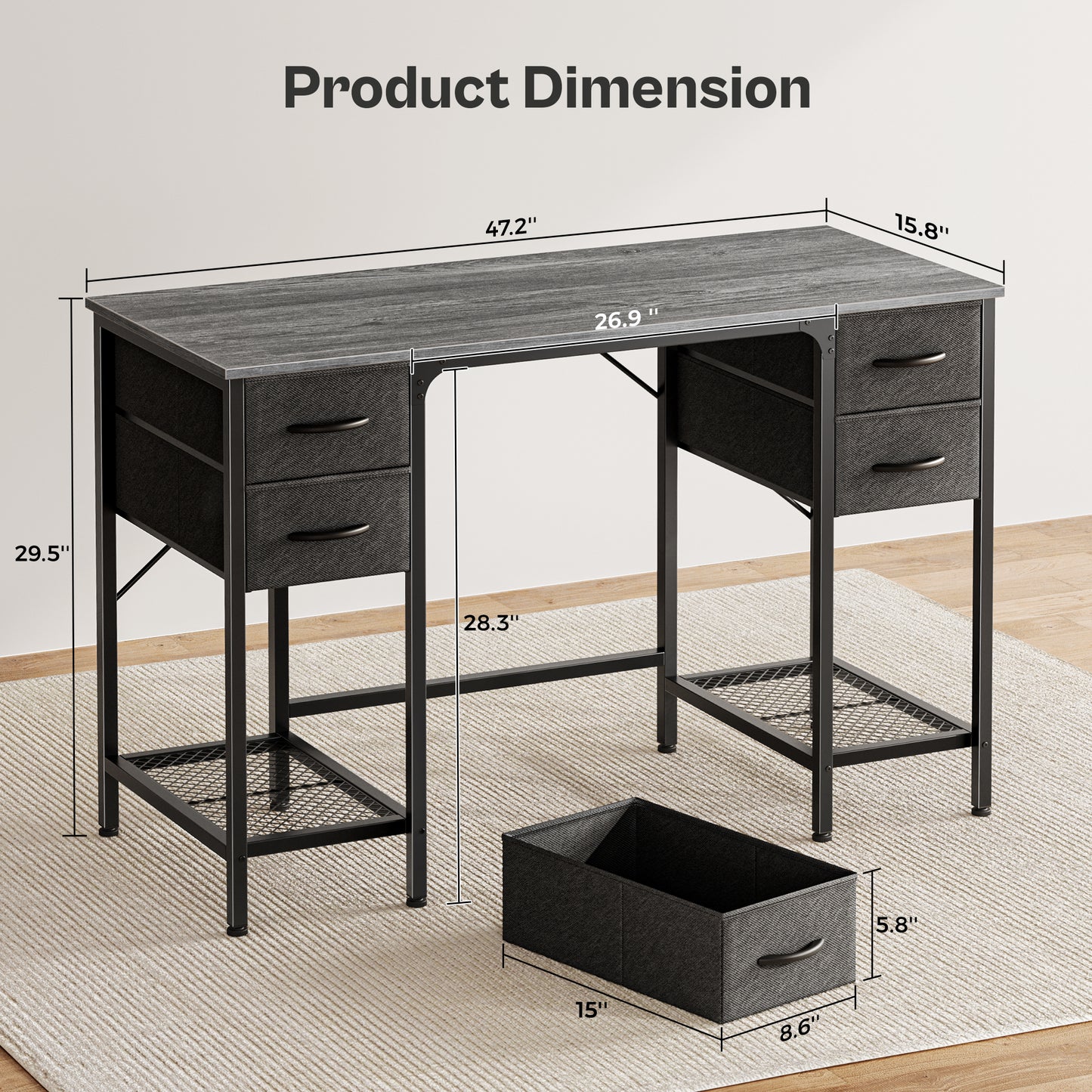 Huuger 47 Inch Computer Desk with 4 Drawers, Office Desk with Mesh Shelf, Gaming Desk, Large Storage, Writing Work Desk for Home Office, Study, Bedroom, Work from Home, Grey