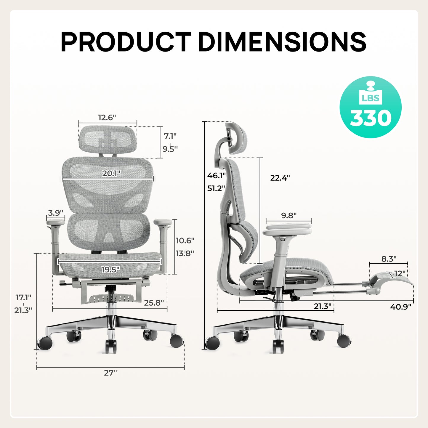 Huuger Mesh Office Chair with Footrest, Ergonomic Desk Chair with Lumbar Support, Comfortable Gaming Chair with Multi-tilt Angle Backrest, Headrest and 3D Armrest, Large Steel Base, Grey