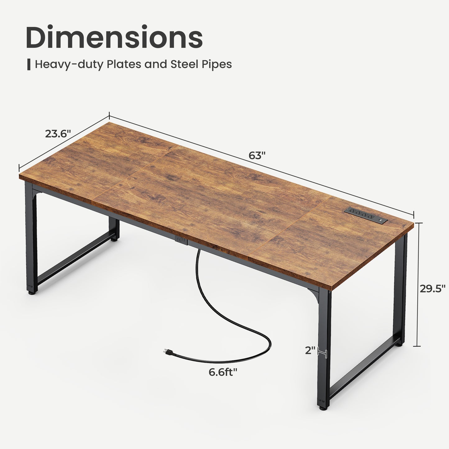 Huuger 63 x 24 inch Desk with Power Outlets & USB-C, Deeper & Thicker Desktop, Robust Metal Tubes, Computer Desk, Heavy Duty Office Desk, Work Gaming Desk, for Home Office, Rustic Brown