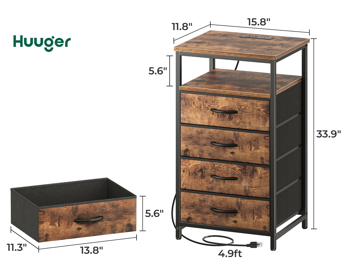 Huuger Night Stand with Charging Station, 4 Drawer Dresser for Bedroom, Bedside Table, 33.9 Inch Tall Nightstand with Open Shelf, End Table, for Closet, Entryway, Bedroom, Rustic Brown