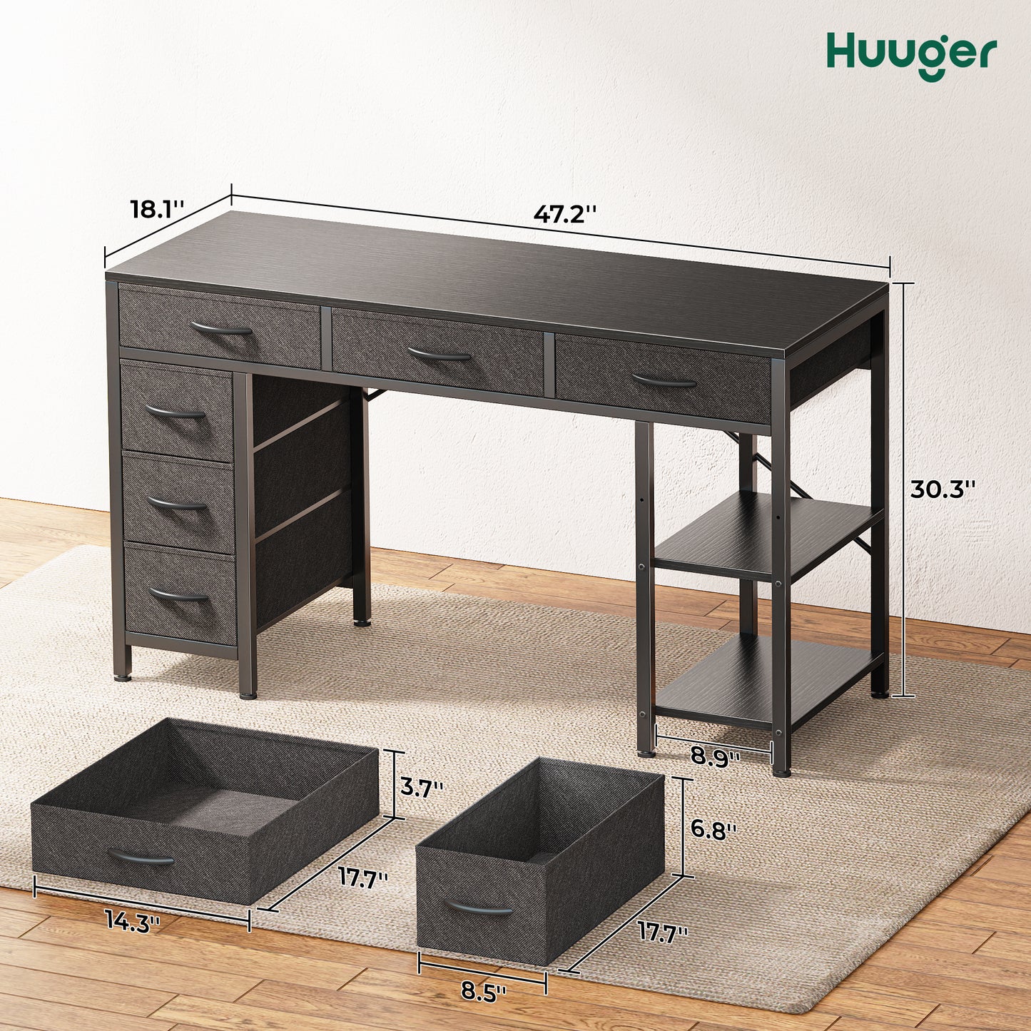 Huuger Computer Desk with 6 Drawers, 47 Inch Office Desk with Shelves, Reversible Gaming Desk, Corner Desk with Storage, Work Desk for Home Office, Study, Living Room, Black