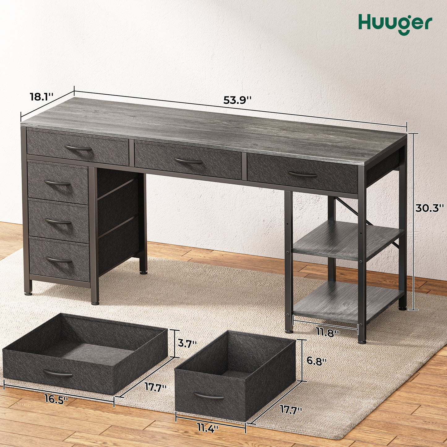 Huuger Computer Desk with 6 Drawers, 47 Inch Office Desk with Shelves, Reversible Gaming Desk, Corner Desk with Storage, Work Desk for Home Office, Study, Living Room, Gray