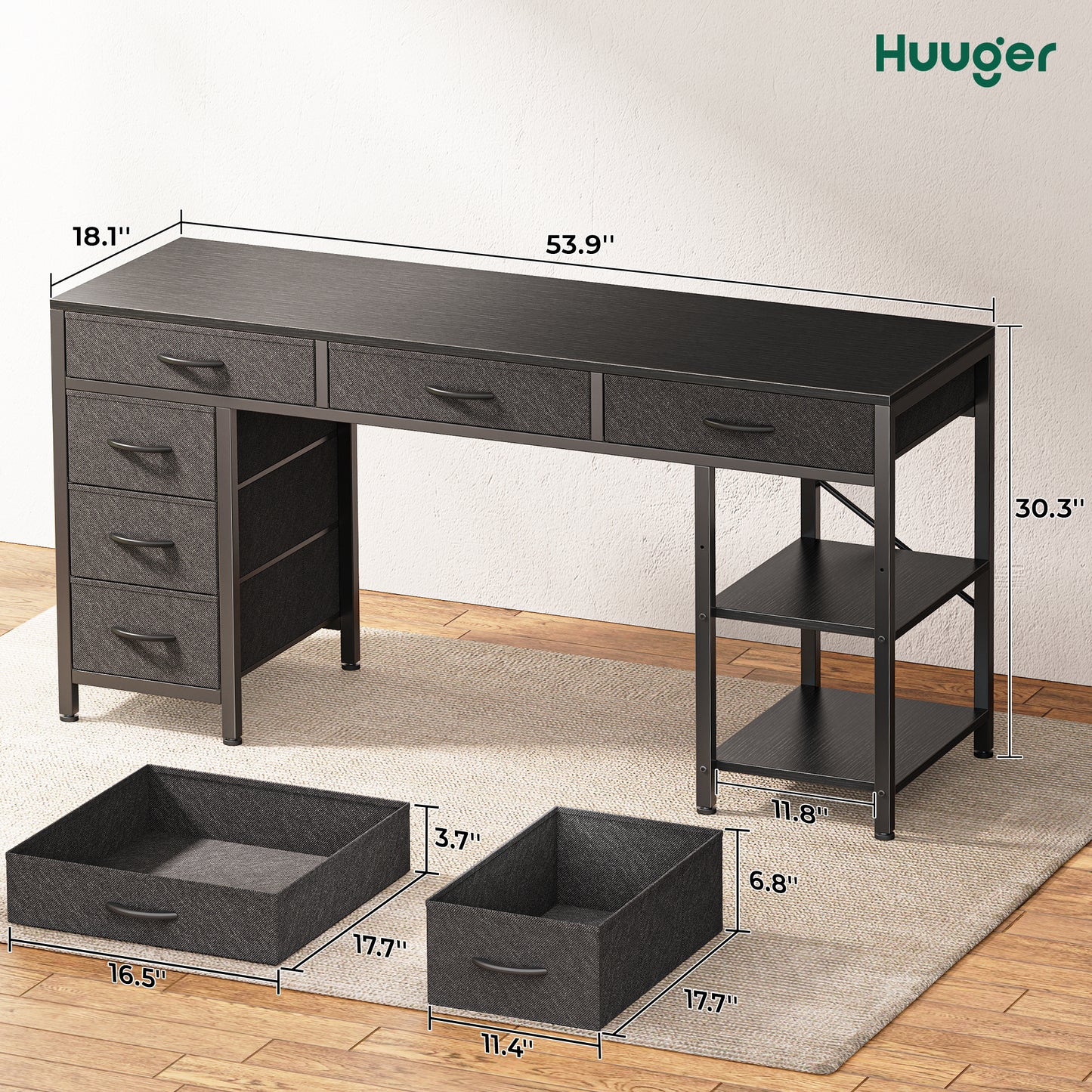 Huuger Computer Desk with 6 Drawers, 54 Inch Office Desk with Shelves, Reversible Gaming Desk, Corner Desk with Storage, Work Desk for Home Office, Study, Living Room, Black