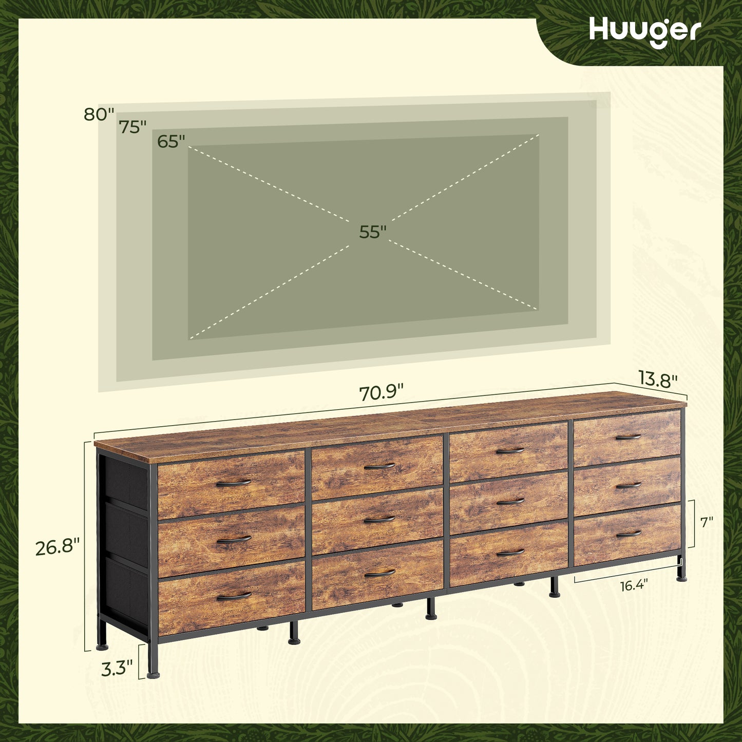Huuger 70 Inch Dresser for Bedroom, TV Stand for 65, 75, 80 Inch TV, 12 Fabric Drawer Long Dresser, Large Entertainment Center for Bedroom, Wide Chest of Drawer with Storage