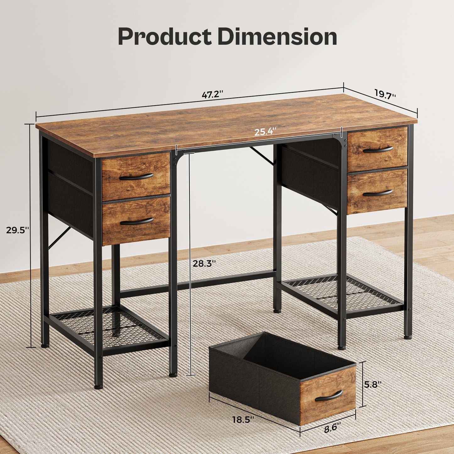 Huuger 47 Inch Computer Desk with 4 Drawers, Office Desk with Mesh Shelf, Gaming Desk, Large Storage, Writing Desk Work Desk for Home Office, Study, Bedroom, Work from Home, Rustic Brown