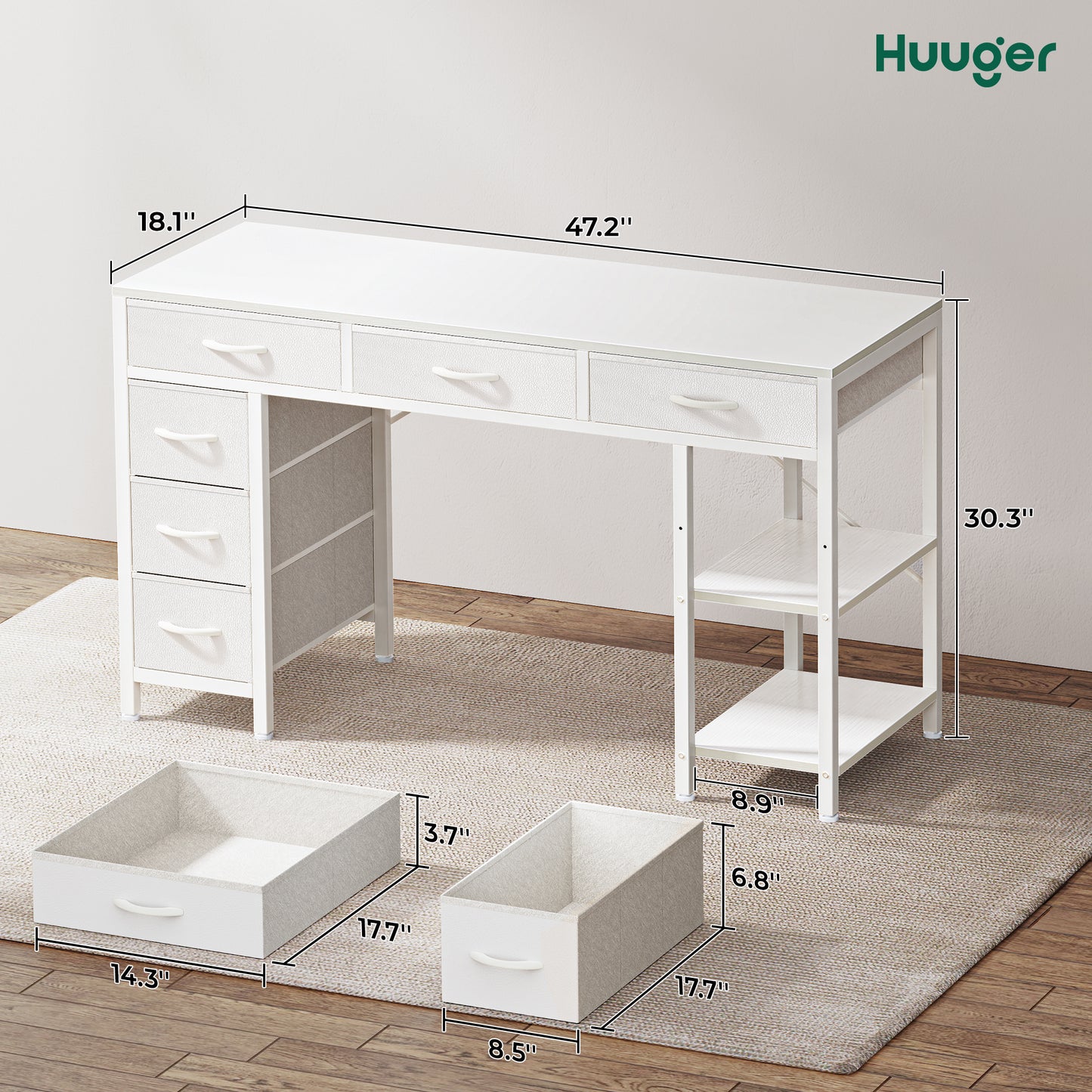 Huuger Computer Desk with 6 Drawers, 47 Inch Office Desk with Shelves, Reversible Gaming Desk, Corner Desk with Storage, Work Desk for Home Office, Study, Living Room, White